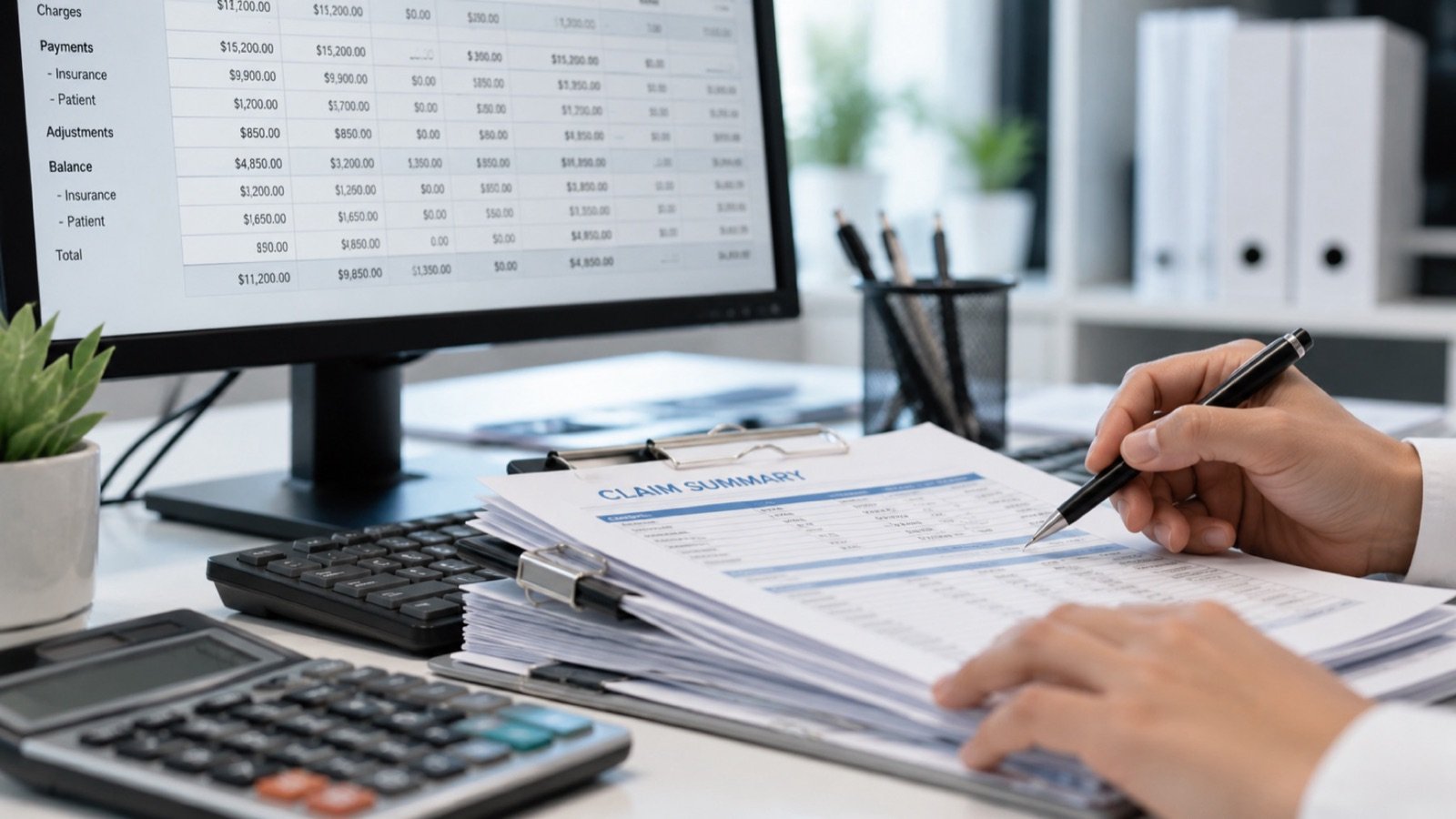 Claim summary paperwork and billing workstation.