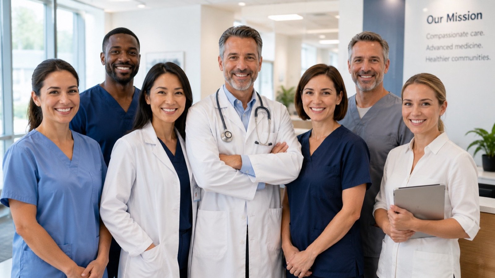 Healthcare team standing together in a bright medical office.