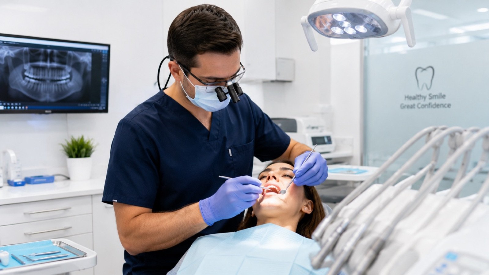 Dental provider working with a patient in a clean dental office.