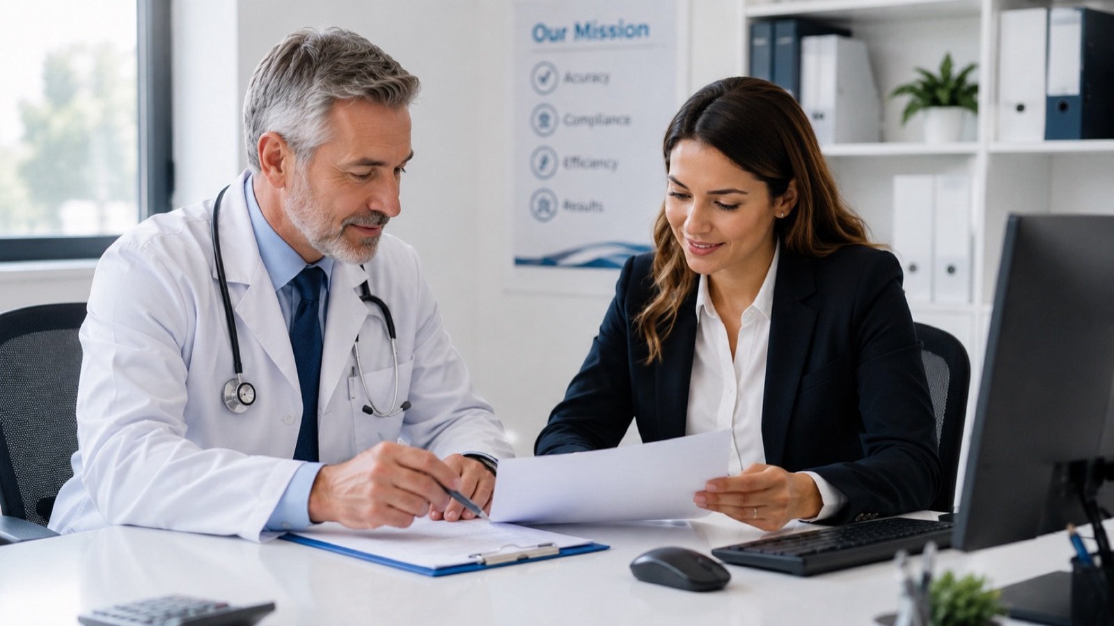 Healthcare provider and billing consultant reviewing billing documents.