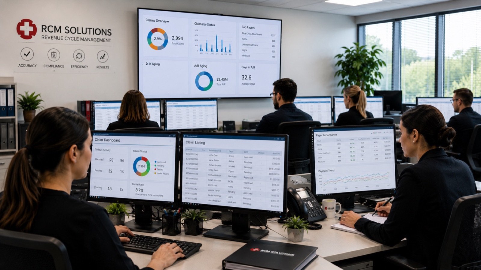 RCM operations team reviewing claims dashboards.